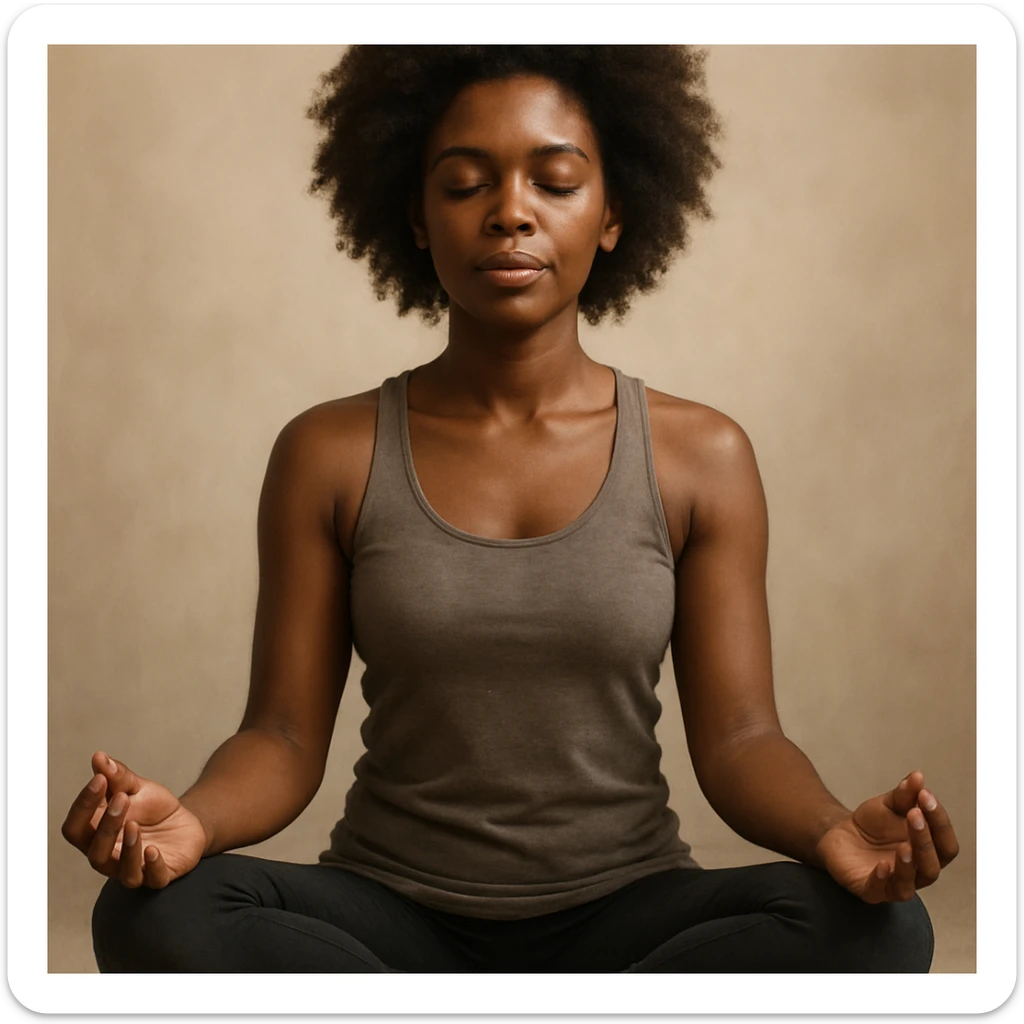 realistic style portrait of a black woman meditating, sitting in lotus position, with a soft background sticker