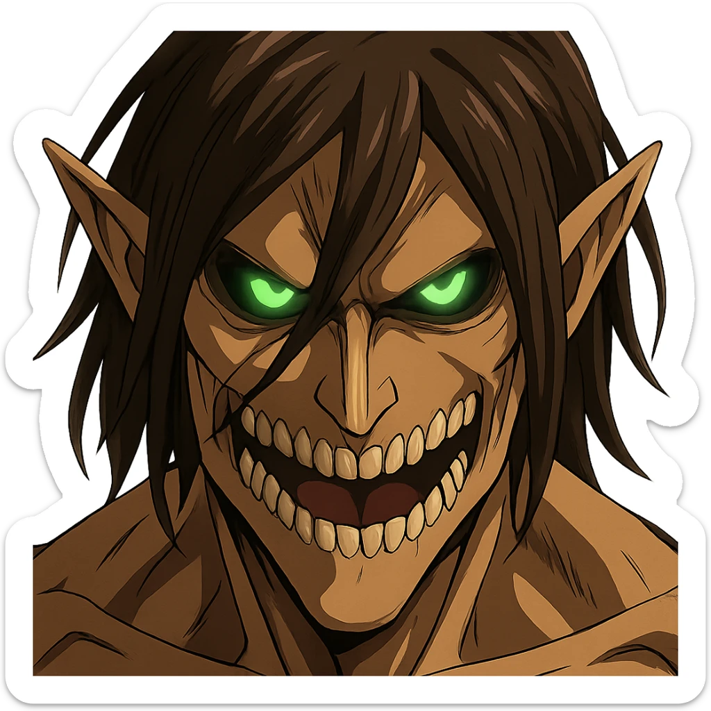 Eren Jaeger Titan form, close-up face, glowing green eyes, fierce, anime style sticker