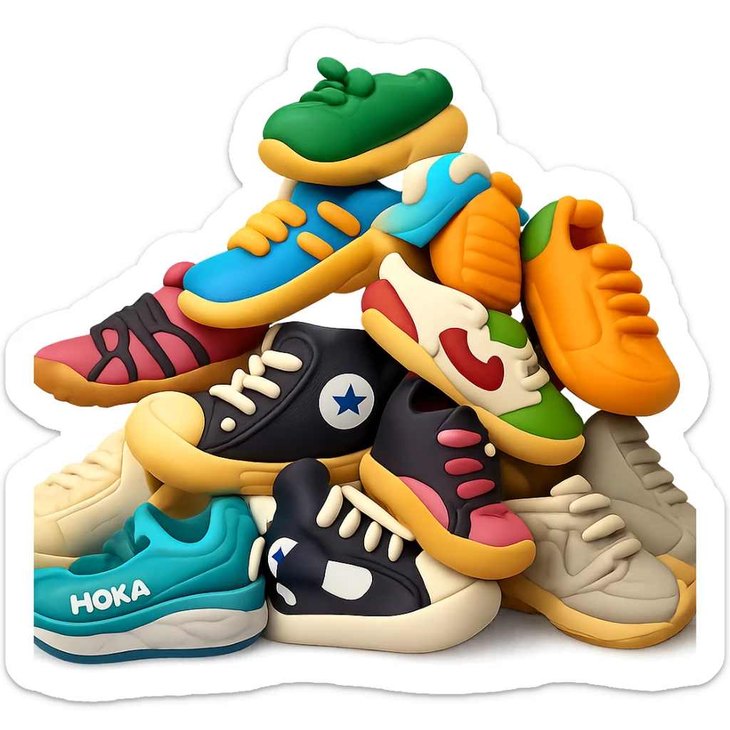 Transform the pile of mixed sneakers into a playful and vibrant 3D emoji style that is polished and less cartoonish. The style should resemble Microsoft style 3D fluent emojis with a transparent background. sticker