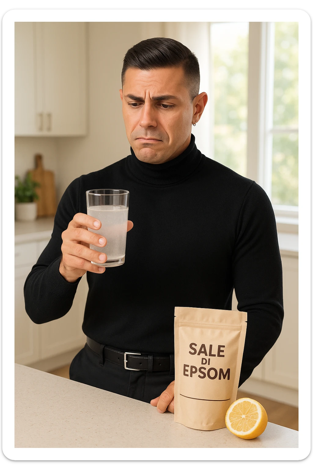 A realistic, bright photo-style image of a young man in his 30s standing in his kitchen, holding a clear glass filled with water in which Epsom salt (magnesium sulfate) has been dissolved. He looks focused but slightly uncertain as he prepares to drink it for a liver flush or digestive cleanse. The glass shows slight cloudiness from the dissolved salt. On the counter are a packet labeled 'Sale di Epsom' and a sliced lemon, suggesting he might use it to mask the taste. The setting is clean, natural, and bright with neutral tones. The background shows sunlight streaming through a window, emphasizing a clean, minimalist health-focused environment. The mood conveys a realistic, calm moment of self-care with a hint of discomfort, illustrating a natural detox practice in italiano sticker