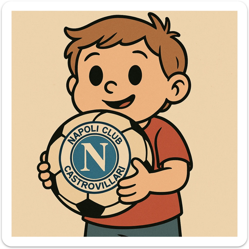 cartoon style illustration of a child's hands holding a ball, prominently featuring the logo of NAPOLI CLUB CASTROVILLARI sticker