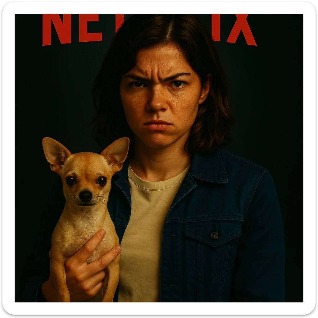 Change the color of the jacket to a midnight blue, in the style of a Netflix series poster, keeping all other elements identical. sticker