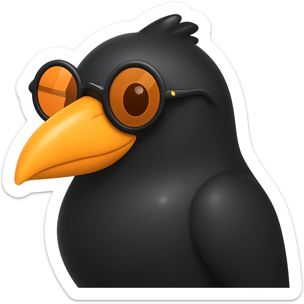 Make the bird emoji more emoji-like but keep the detailed, slightly cartoonish style of the reference. Smooth out the feather texture just a bit, add a subtle emoji shine, and keep the orange beak and round sunglasses. No background. sticker