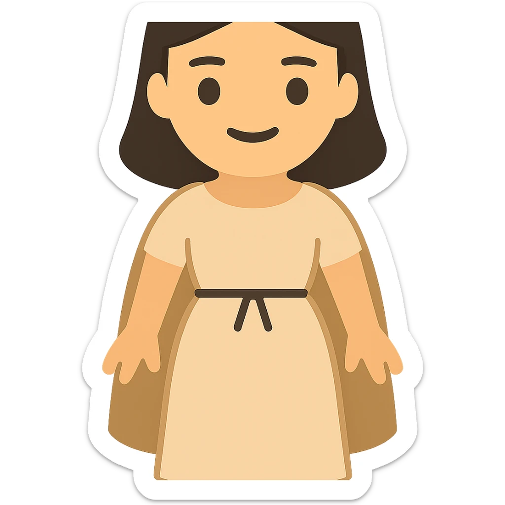 Create a fullbody view of a character in the style and proportions of the reference image. The character should wear a plain light tan dress, have dark hair, and wear the same cape as in the reference image. The style is emoji style with a transparent background. sticker