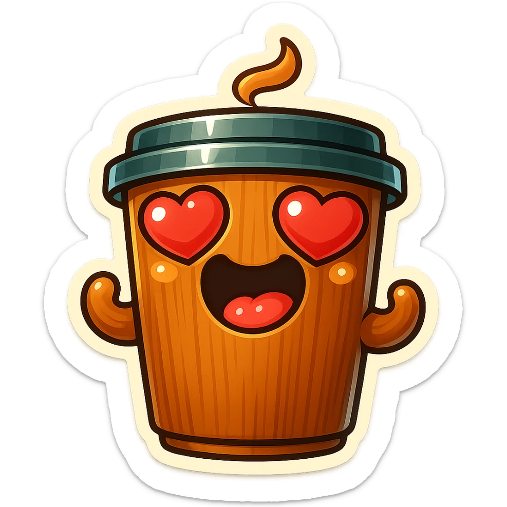 coffee cup creature, big heart eyes, dopey smile sticker