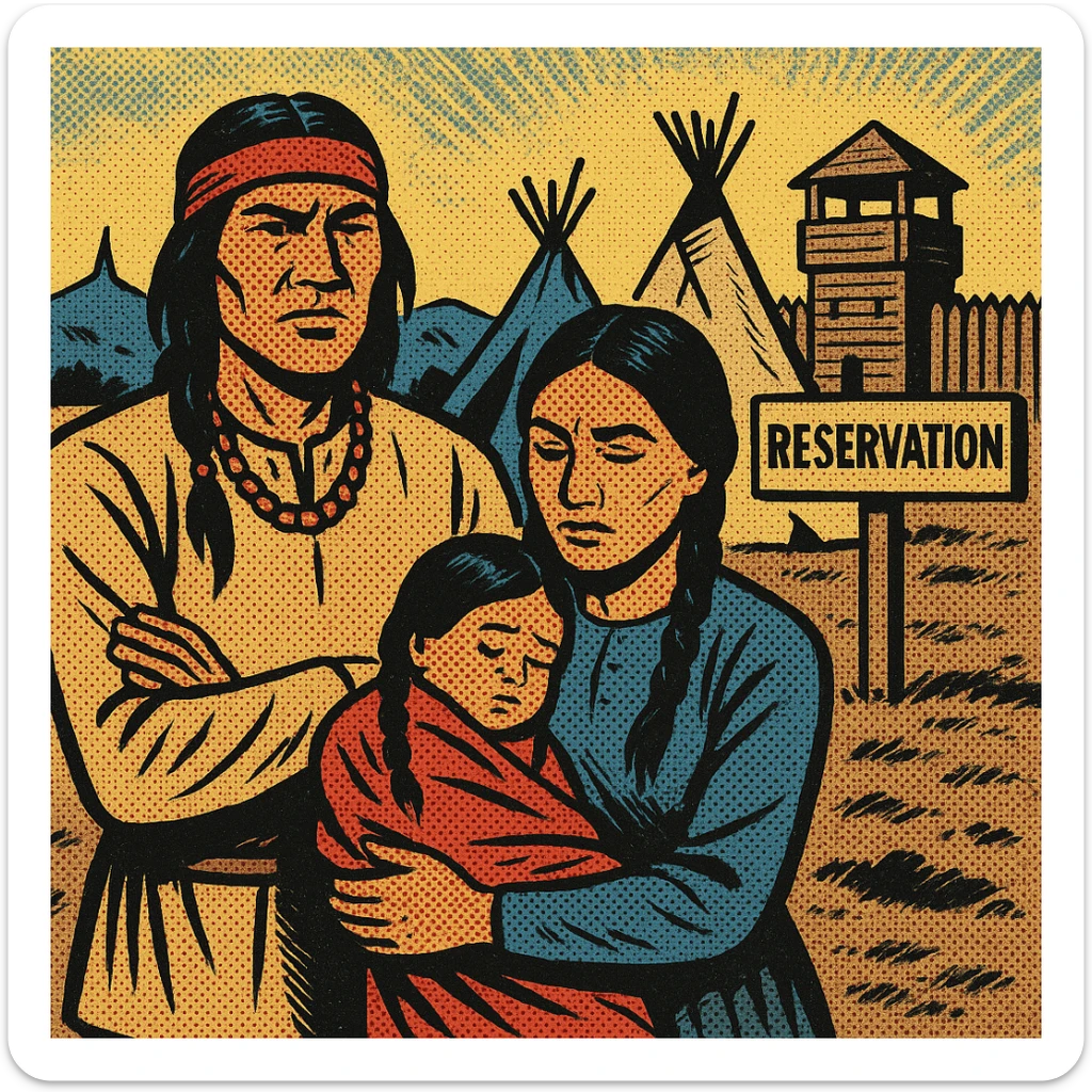 A native American family in the 1860s on reservation land in the American West. In the background are tepees, an American Army wooden fort and a wooden sign which says RESERVATION sticker