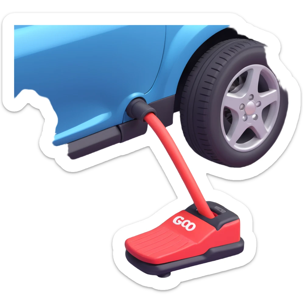 A simple 2D emoji-style illustration of a right foot pressing down on a car gas pedal. The pedal is labeled with “GO” and motion lines show acceleration. Bright, clean cartoon style with clear shapes and bold colors. sticker