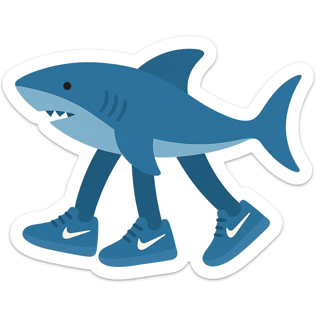 Haz que las zapatillas sean azules, mantén el estilo icono colorido, fondo transparente, el tiburón sigue con tres patas y el logo Nike blanco en las zapatillas. sticker