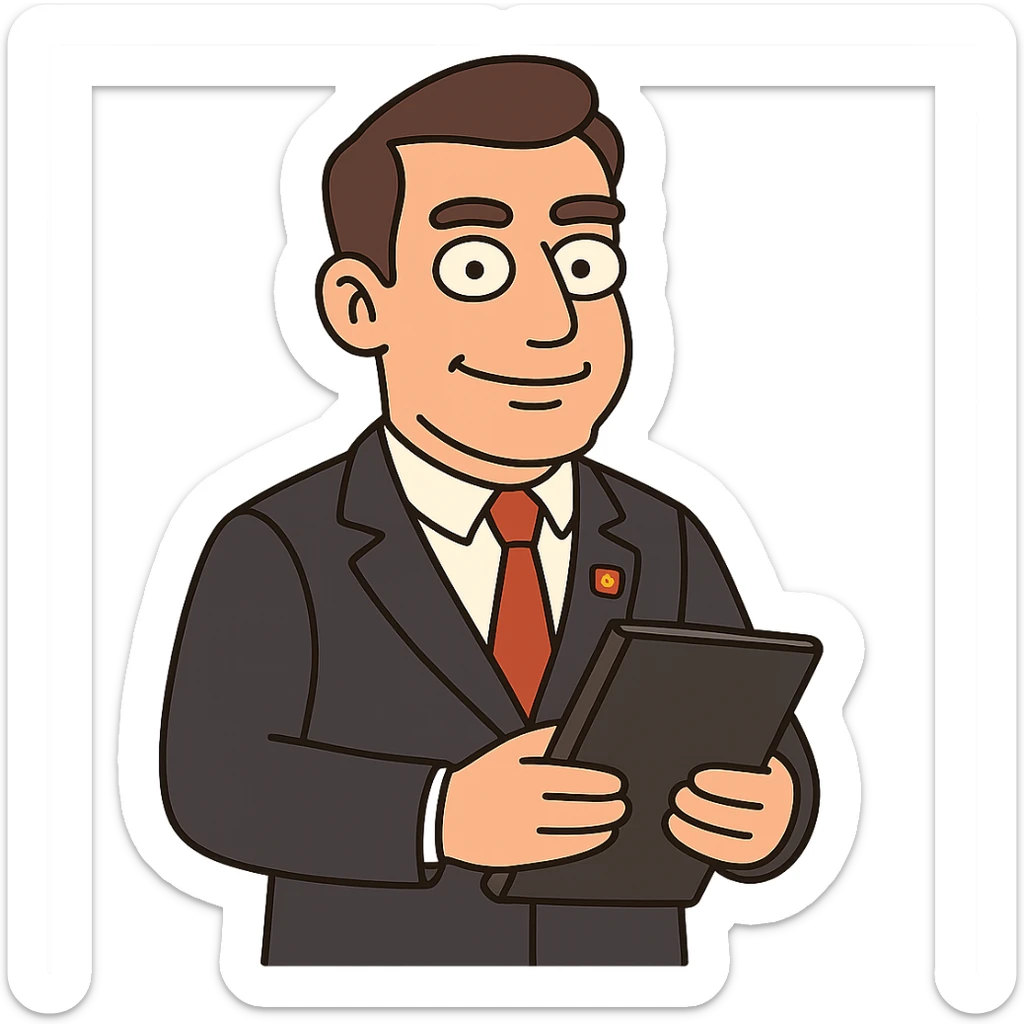 male manager emoji, cartoon style, flat design, wearing a dark suit, white shirt, red tie, golden Communist Party badge on left lapel, holding a black folder, confident expression, simple, white background sticker