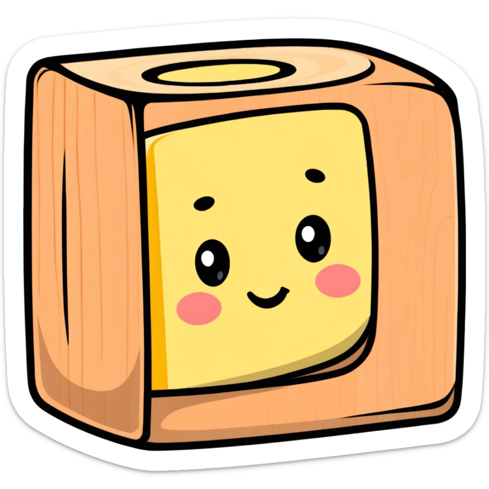 A cartoon wooden alphabet block with letter C and a cute face with rosy cheeks sticker