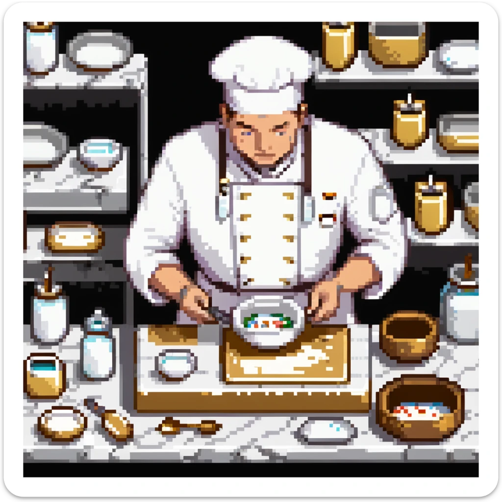 Ein eleganter Bäcker in weißer Uniform, arbeitet auf einer Marmorplatte mit Porzellanformen und goldverzierten Utensilien. Die Umgebung erinnert an eine klassische französische Patisserie. Interface wirkt wie graviertes Porzellan mit filigranen Mustern.
 sticker