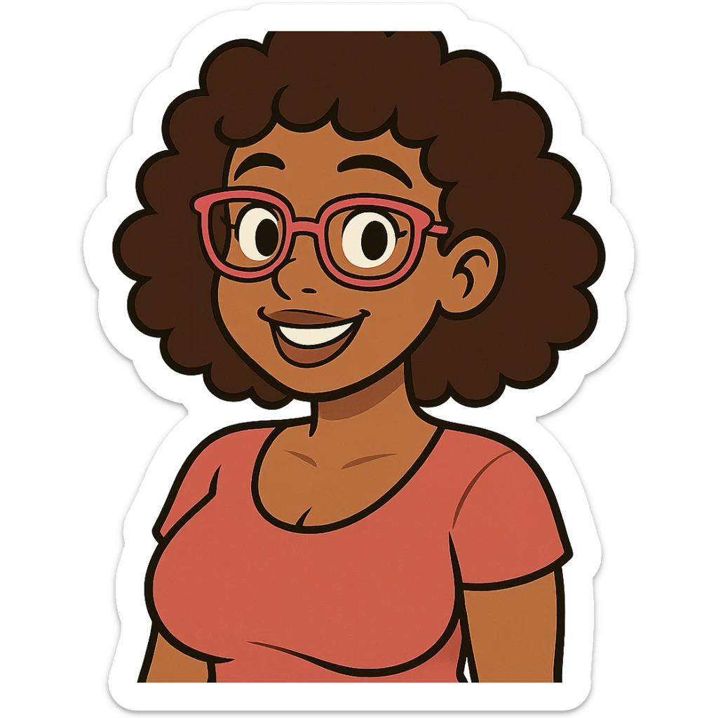 cartoon style character with curly hair, light brown skin, brown eyes, pink prescription glasses, busty sticker