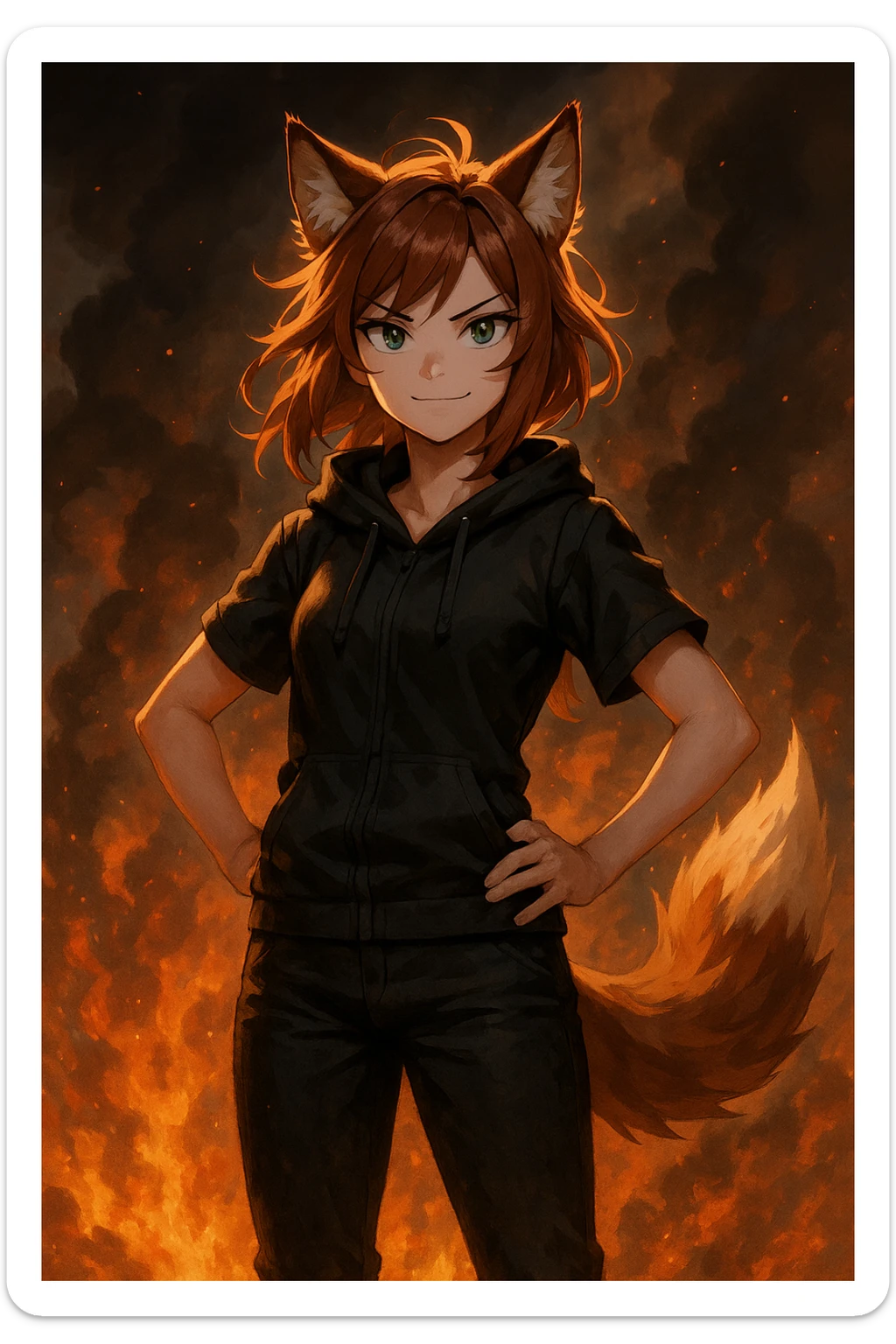 THE TWITCH AND YOUTUBE CHARACTER "ARIFOX_VT" STANDING IN FRONT OF SMOKE AND FIRE sticker