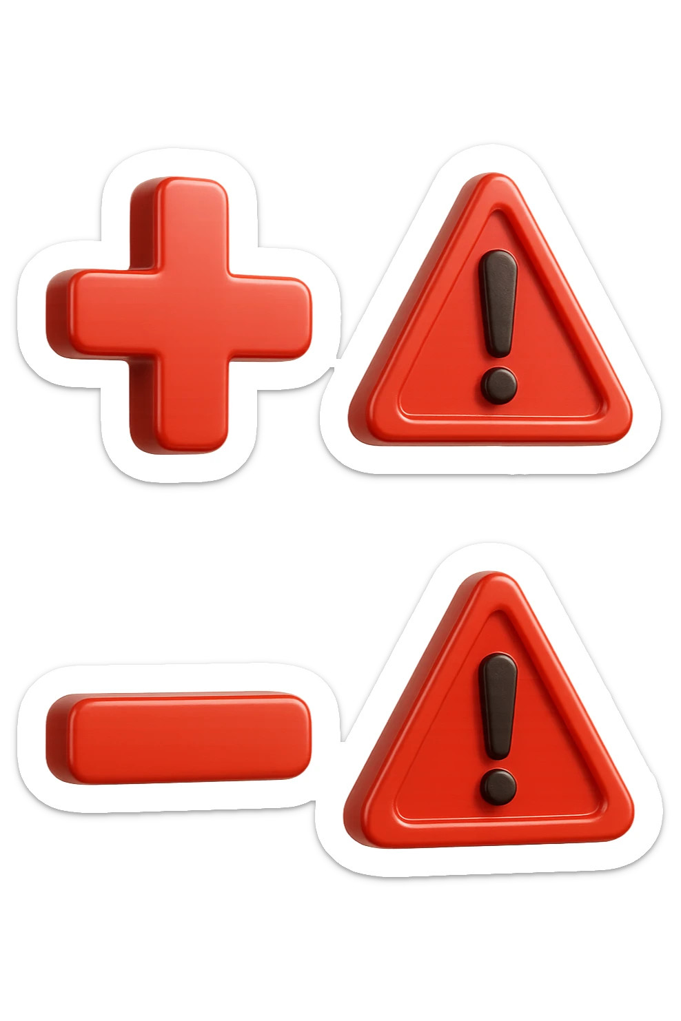 emoji stile iphone dei simboli "+" e "-" rossi in 3d che fluttuano in aria insieme a segnali di pericolo, FALLO MOLTO REALISTICO IN 3D sticker