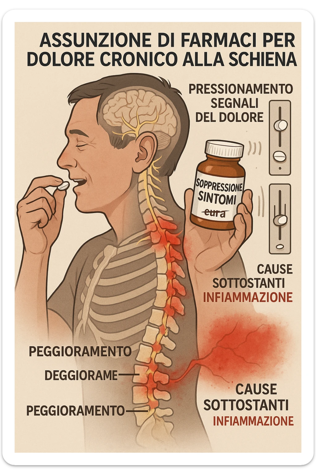 Man taking pain medication for chronic back pain, pills shown as dimmer switches turning down pain signals in transparent nervous system overlay, underlying spinal damage remaining completely untreated and worsening, expression of temporary relief masking progressive deterioration, medication bottle labeled 'symptom suppression' not 'cure', root cause inflammation continuing to spread in italiano sticker