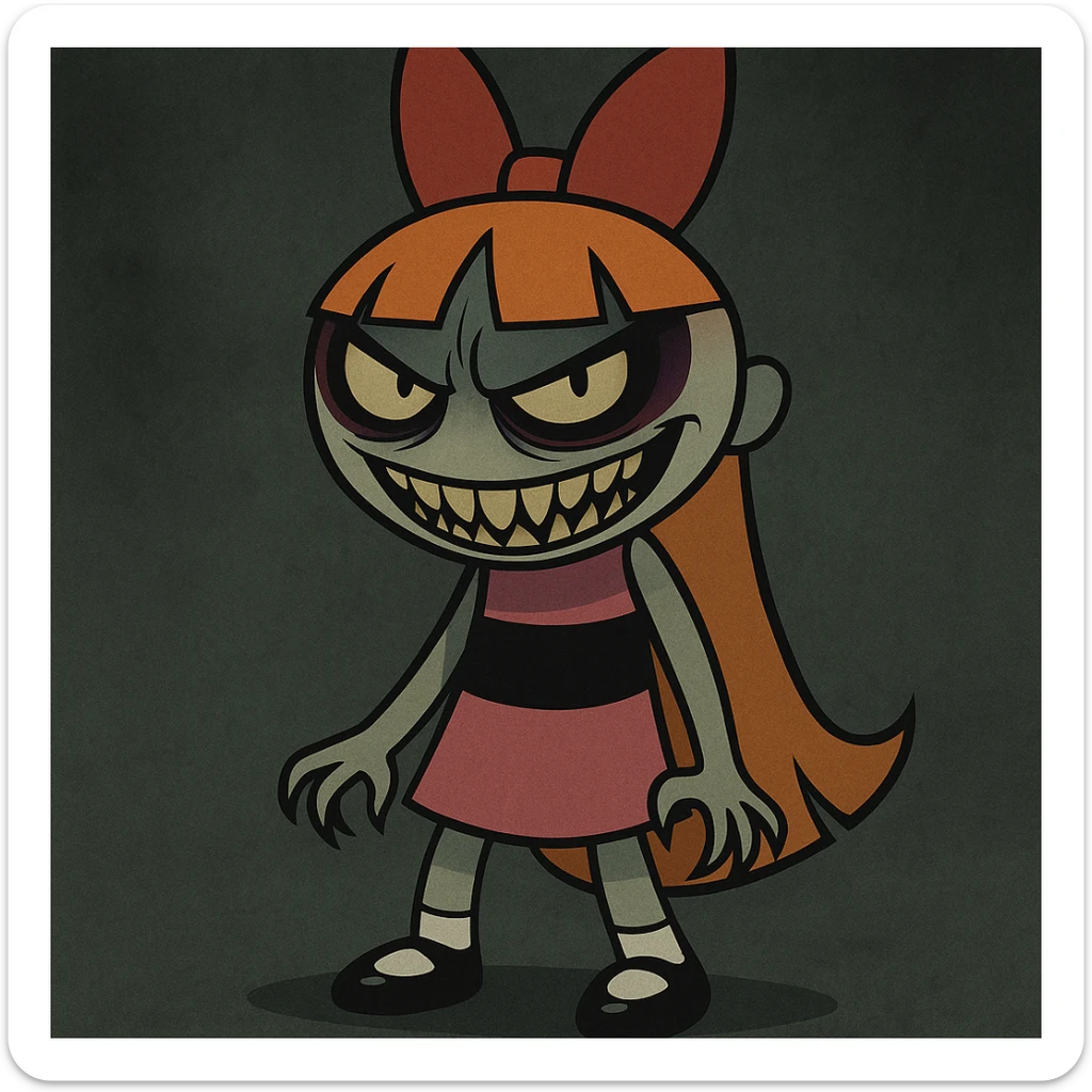 Full body cartoon style of Blossom from Powerpuff Girls with a scary and menacing face, keeping her signature pink dress and bow, using dark and eerie colors for the rest of the image. sticker