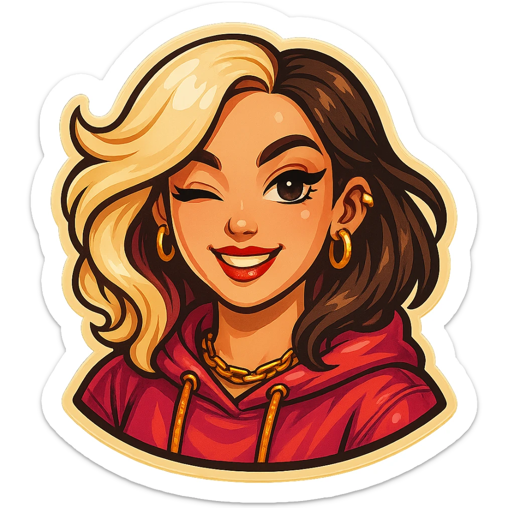 Make the girl more beautiful with expressive facial features, neat makeup, detailed hair, add accessories like earrings and chains, refine the clothing, add more small details. Use classic Telegram sticker style with clean outlines and light colors, no background. sticker