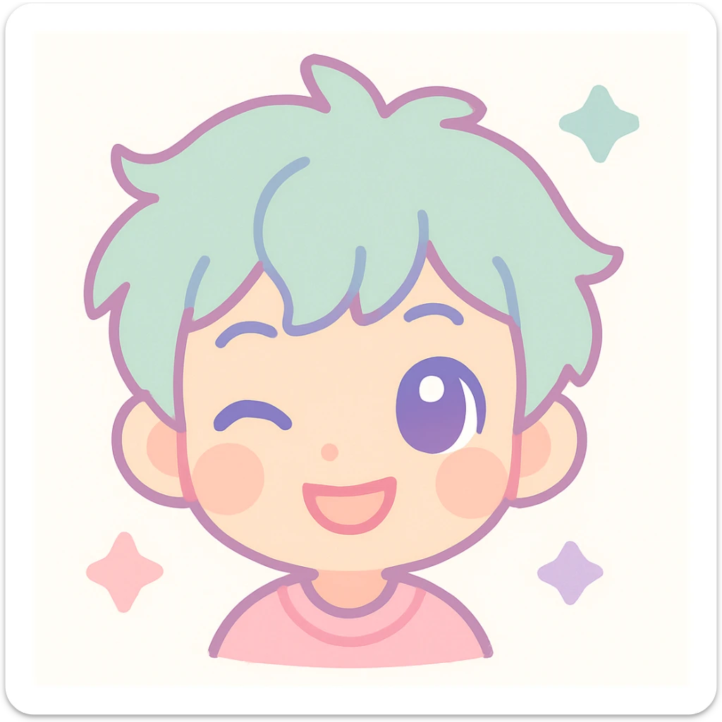 anime themed emoji of a boy, winking, tousled hair, playful grin, pastel colors sticker