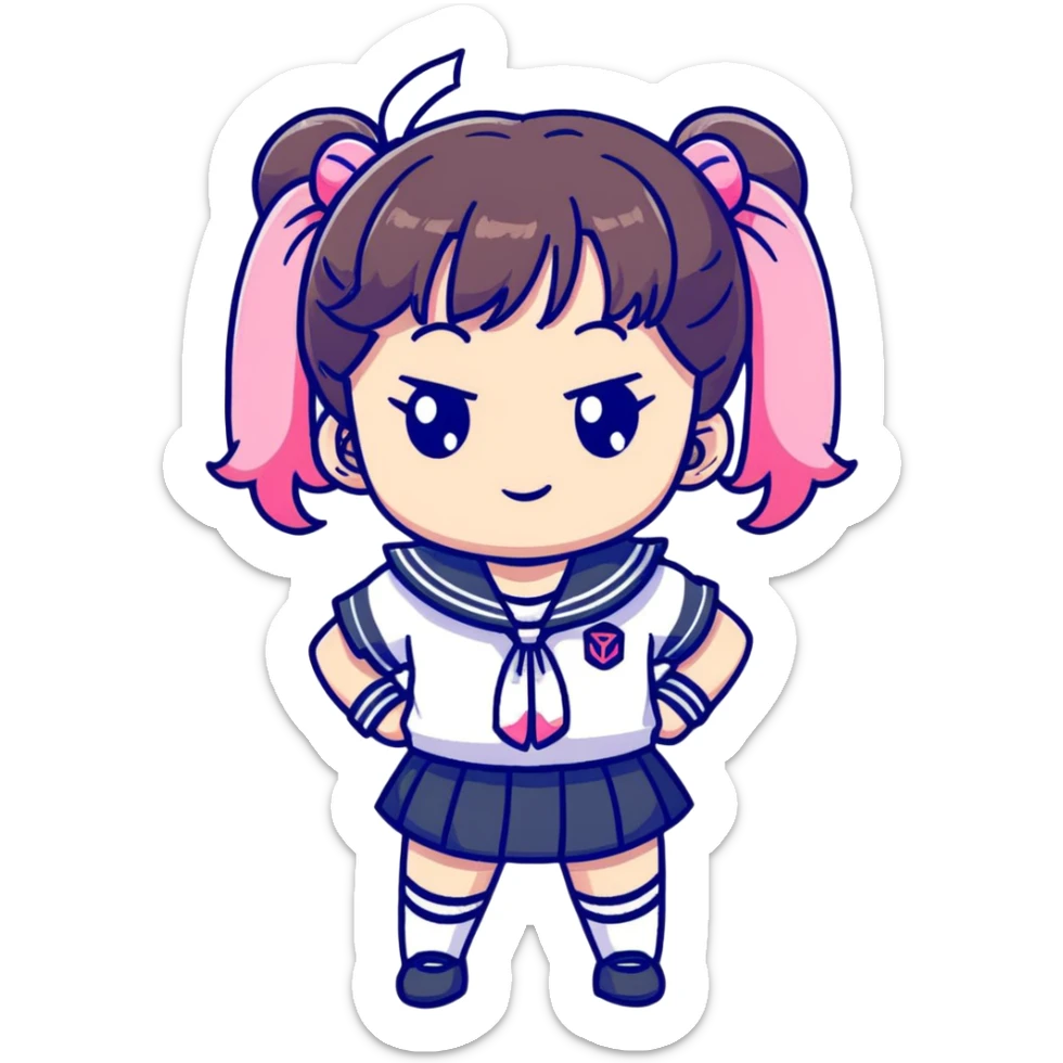 Adorable anime schoolgirl with pink twin tails and big eyes wearing sailor uniform, cute chibi style sticker