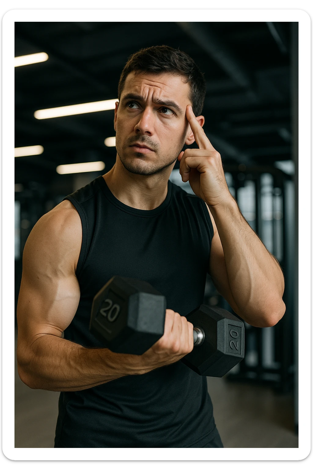 sporty man in gym inspired by reference photo, holding dumbbell, mentally calculating exercise intensity, thoughtful expression, modern environment, vertical format sticker
