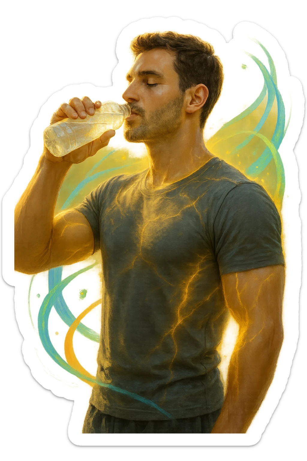 Uomo atletico sui 30 anni, al mattino presto, mentre beve una bevanda trasparente ricca di elettroliti da una borraccia. Il suo corpo è illuminato da una luce naturale dorata e mostra una leggera aura energetica attorno ai muscoli, simbolo di rigenerazione e recupero. Espressione rilassata e vitale, pelle idratata e luminosa. Intorno a lui flussi leggeri e colorati (blu, verde, arancio) rappresentano il bilanciamento degli elettroliti: sodio, potassio, magnesio. Ambiente naturale o cucina moderna minimalista. Atmosfera positiva, pulita e rinvigorente. sticker