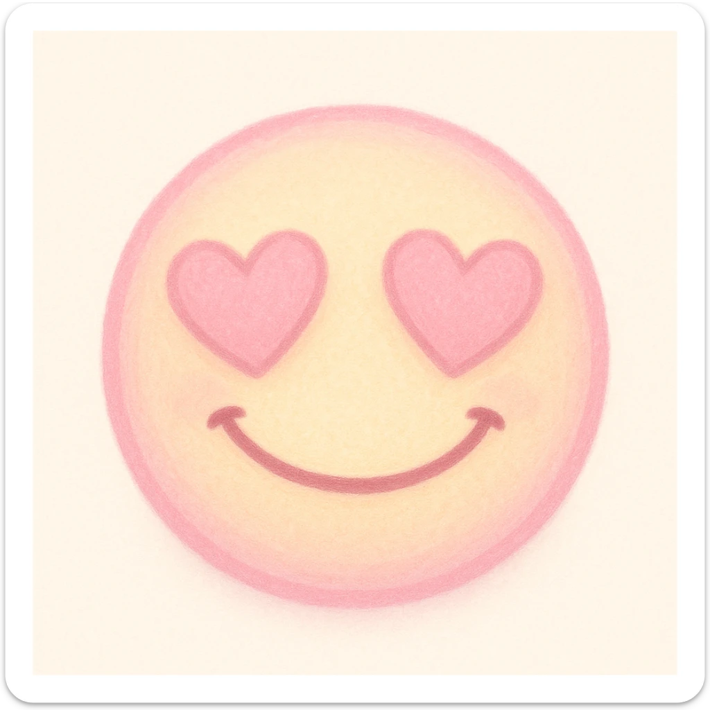 cute emoji, heart eyes, playful grin, pastel pink and yellow sticker