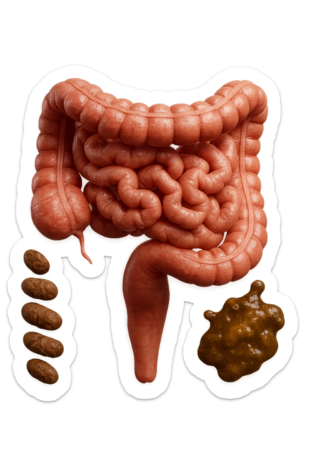 INTESTINO UMANO ANATOMICO REALISTICO CON FECI A PALLINE E FECI LIQUIDE CHE FLUTTUANO DIETRO BEN DISTINTE, IPERREALISTICO 4K sticker