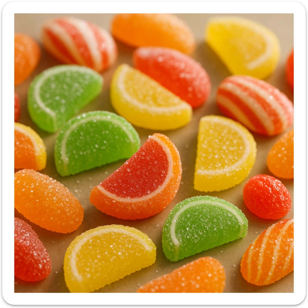 realistic photo of colorful gummy Italian candies scattered on a table sticker