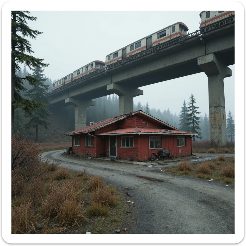  a screenshot of a location in a videogame  the image of the scene consists of:  [above-ground train freeway partially collapsed], a red 1980's construction wooden motel painted red, surrounded by war-torn pollution wreckage, wooded area sticker