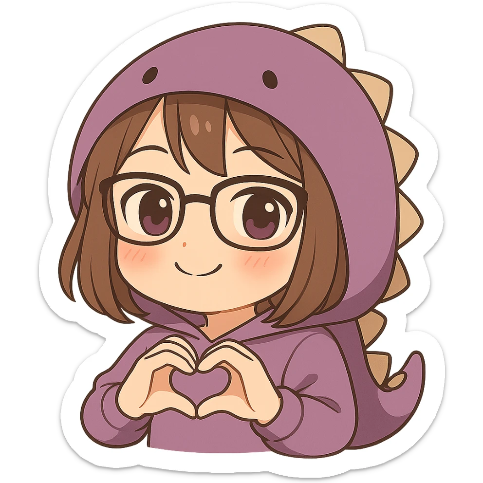 Chibi anime style gamer girl with glasses, brown hair, dark purple eyes, wearing a purple dinosaur costume, making a heart with her hands, blushing expression, no controller, no background, same style as reference. sticker