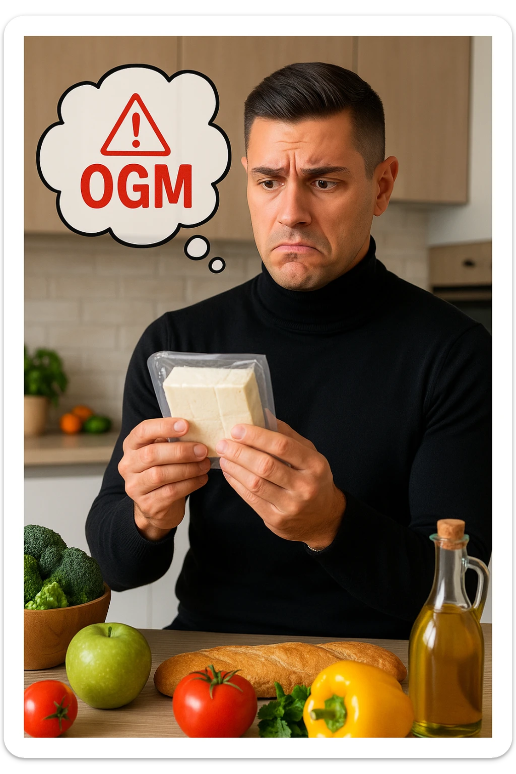 un uomo in cucina tiene in mano una confezione di soia o tofu, osservandola con un’espressione scettica e preoccupata. Sopra la confezione, una nuvoletta di pensiero mostra la scritta “OGM” evidenziata in rosso, accompagnata da un simbolo di allarme o un punto interrogativo. Sullo sfondo, altri alimenti naturali sono visibili sul tavolo, sottolineando la sua preferenza per prodotti non OGM. sticker