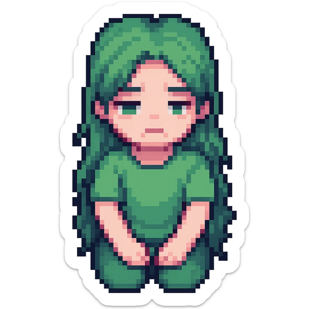 Sad girl wearing a bright green parrot green t-shirt, in pixel art style, with a transparent background. Focus on concise pixel art style. sticker