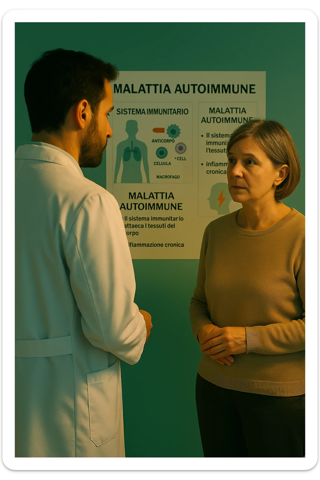Realistic, detailed photo taken from behind of one doctor e un paziente —a bearded man and a middle-aged woman—standing and facing each other as they discuss an autoimmune disease diagnosis in front of a medical chart that displays information about the immune system and autoimmune conditions. The scene is illuminated by a yellowish, orange, warm light that softly envelops the doctors. The entire room is bathed in a single green-blue color, creating a cohesive and modern atmosphere. Both doctors wear white coats, and their body language suggests a serious, professional conversation about the complexities of autoimmune diseases. Shot with a Canon EOS R5, with high detail and natural depth of field. scritto in italiano sticker