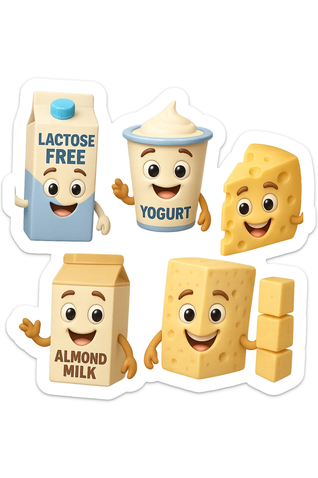 emoji stile iphone 3d di Latte e yogurt delattosati
Latte di mandorla (non zuccherato)
Latte di soia da proteine isolate
Formaggi stagionati (es. parmigiano)
Tofu compatto e tempeh
 che fluttuano in aria, iperealistico 4k sticker