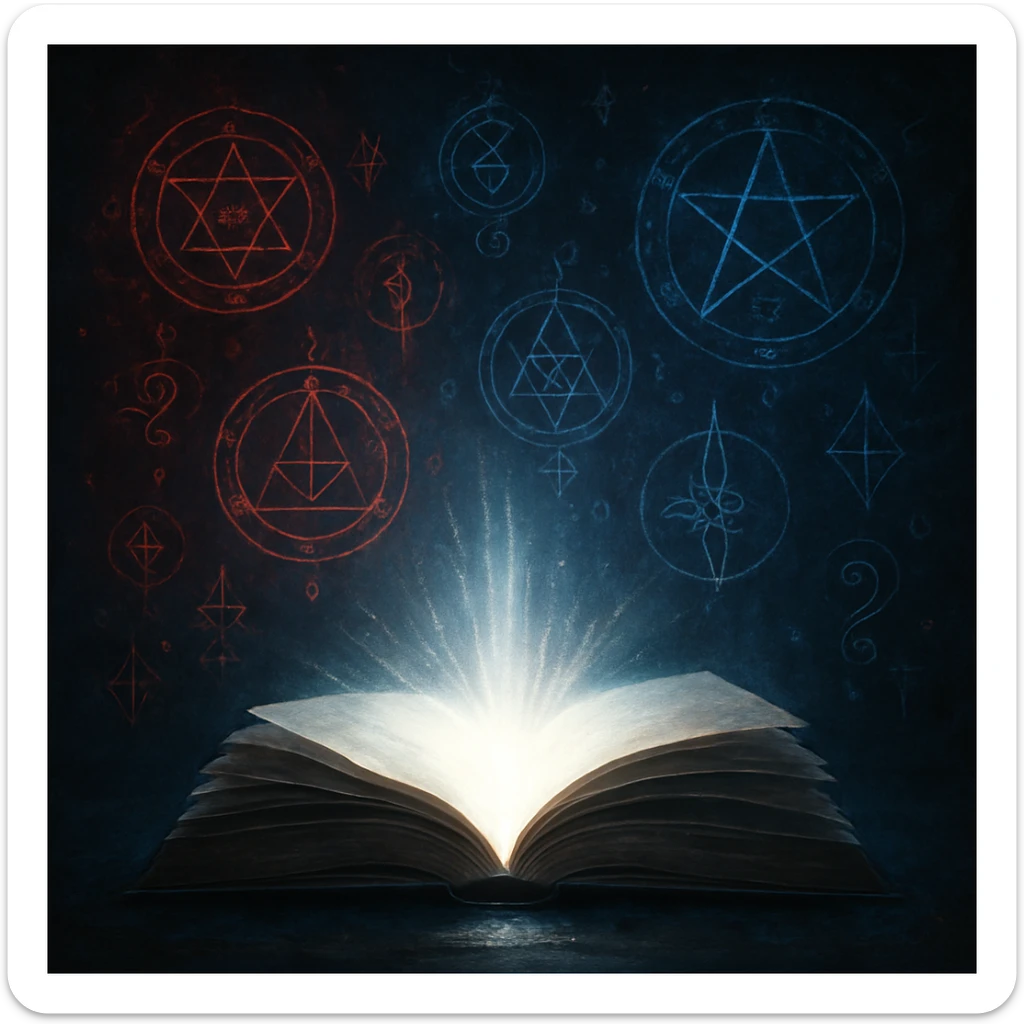open book with white light coming out of the pages, surrounded by symbols in red and dark blue, dramatic style sticker