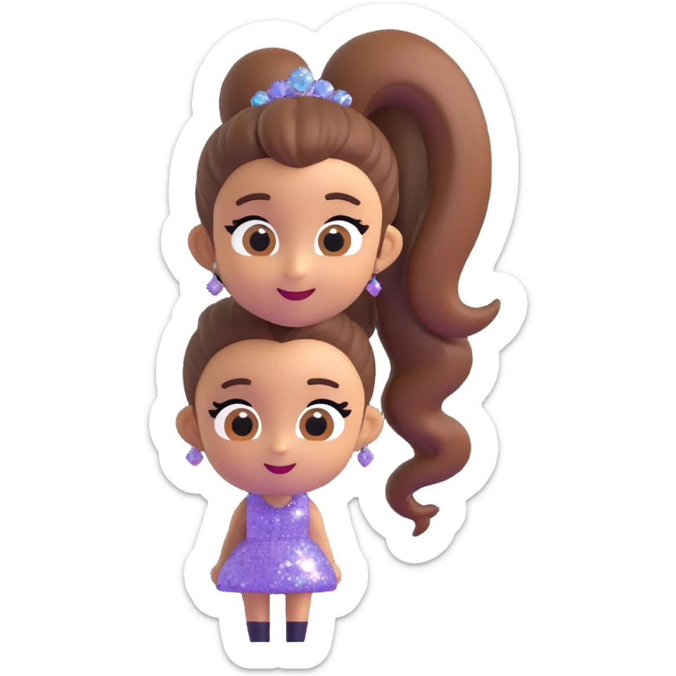 Ariana Grande 3D emoji style with high ponytail, big eyes, smiling, wearing a sparkly dress sticker