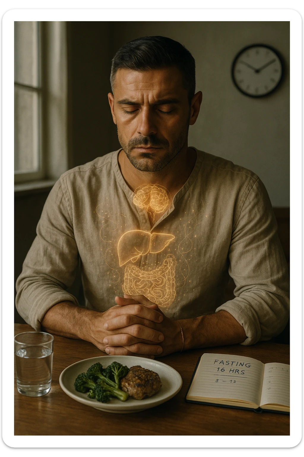 A cinematic close-up of a focused man in his mid-30s with slight beard and tired but determined eyes, sitting alone at a simple wooden table with an untouched plate of food in front of him. His hands are clasped, fingers interlocked in a meditative position over his lower abdomen, symbolizing willpower and internal balance. He wears a lightweight natural fiber shirt, sleeves rolled up. The lighting is soft and natural, early morning light coming from a nearby window. Around him, visual cues of cellular regeneration — faint glowing patterns subtly overlaying his body, especially near the liver, gut, and brain, suggesting autophagy and deep healing. The room is minimalist: a glass of water, a notebook with fasting hours, and a clock in the background ticking calmly. The tone is serene, intentional, and deeply introspective. Shot in 35mm cinematic style, warm highlights and clean shadows. sticker