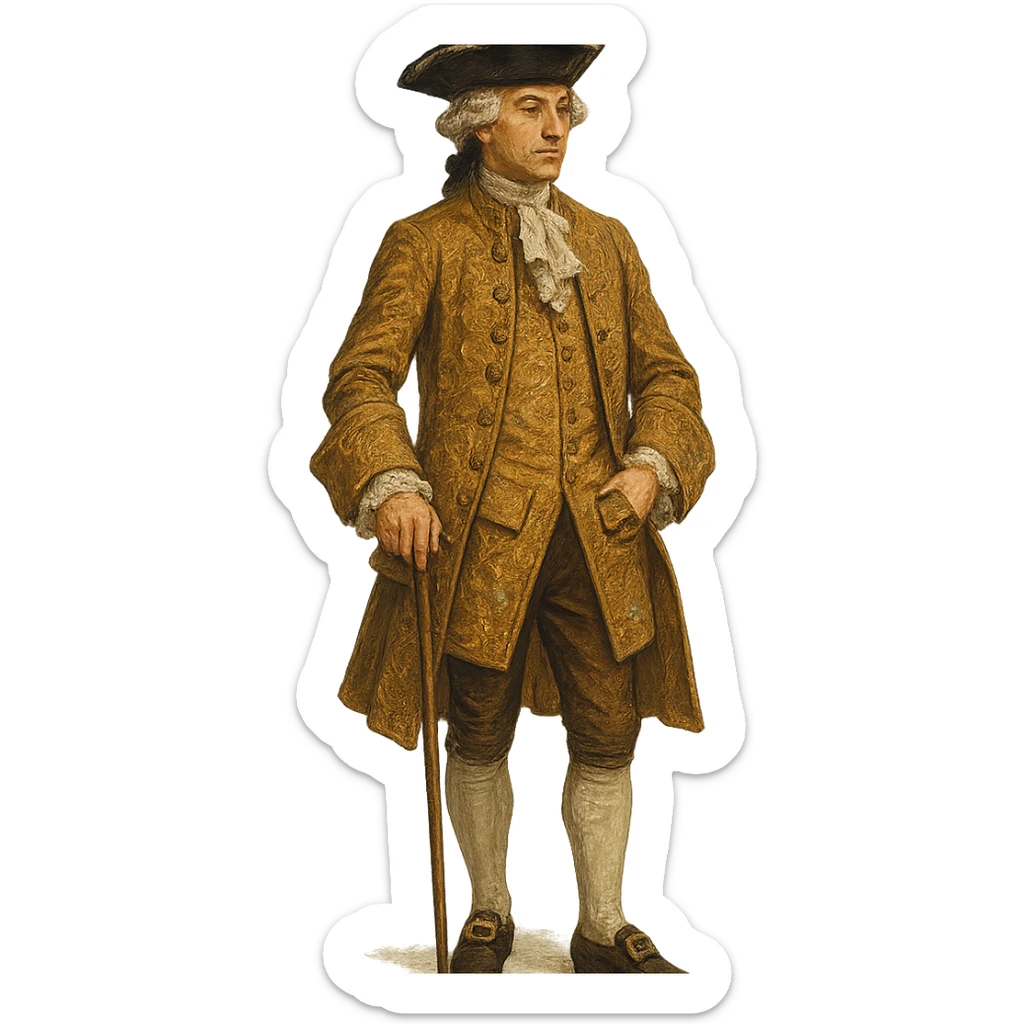 18th century gentleman standing, ornate frock coat, tricorn hat, cane, full body, no background, different artistic style sticker