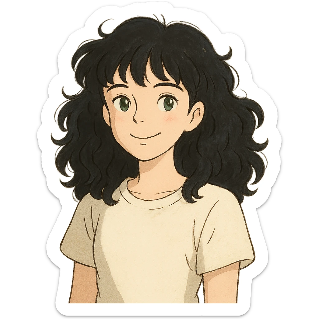 girl with thick dark black wavy curly hair almond green eyes pale skin smiling wearing white shirt sticker