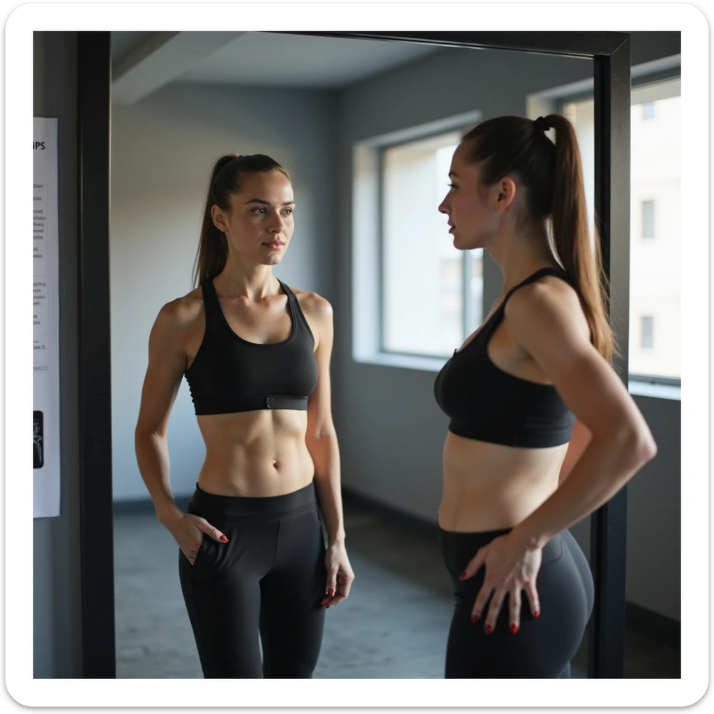 woman in gym, sportswear, looking at her abdomen reflected in mirror, next to her a scale and a medical chart with Italian text: 'PCOS: il grasso addominale è un segnale d’allarme', modern style, 4K quality sticker