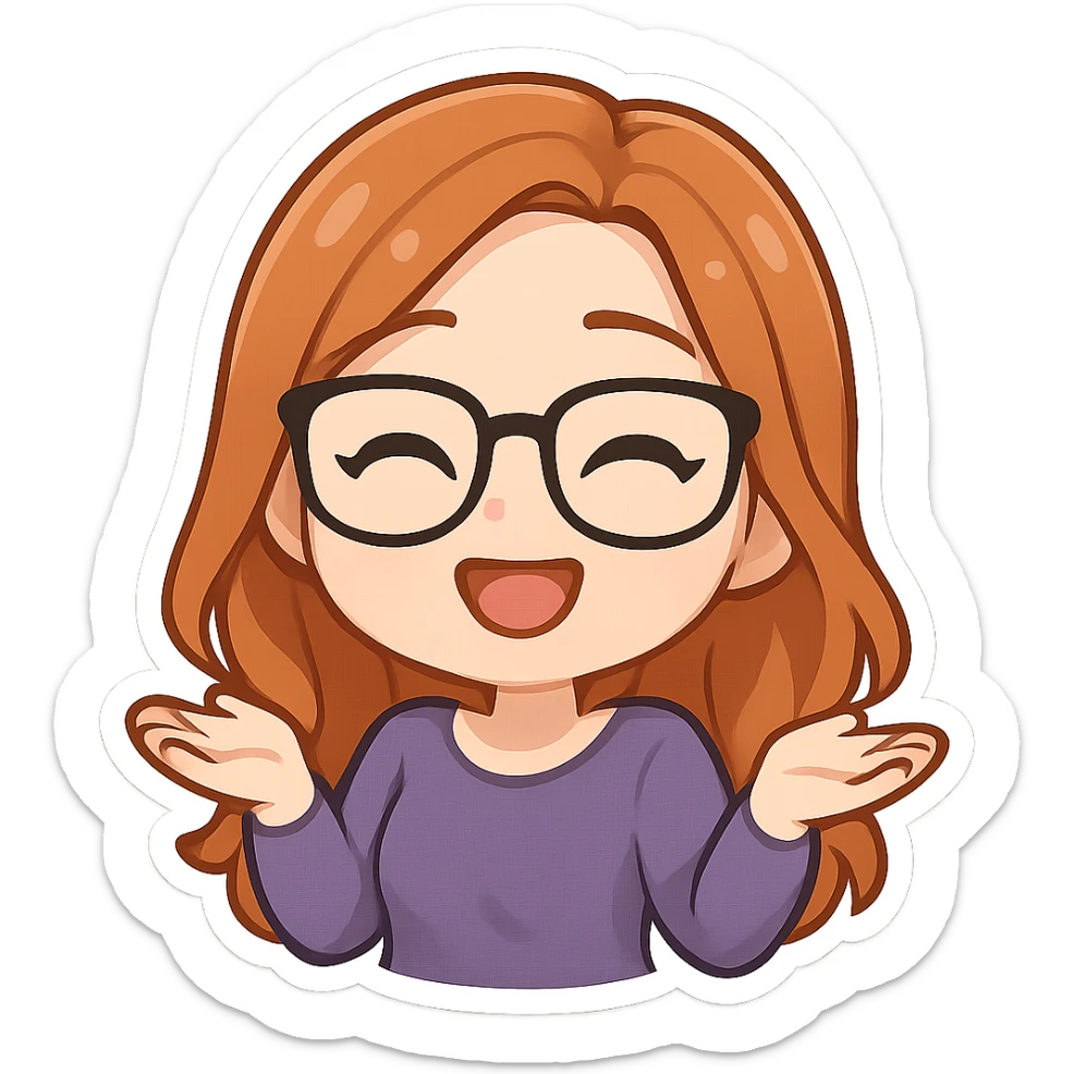 cartoon style emoji of woman with long copper hair, white skin, wearing glasses sticker