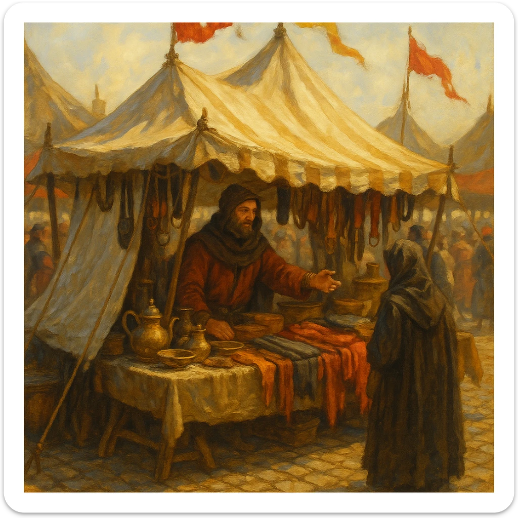 a medieval tent shop with flags, merchant selling wares, cobblestone ground, lively market sticker
