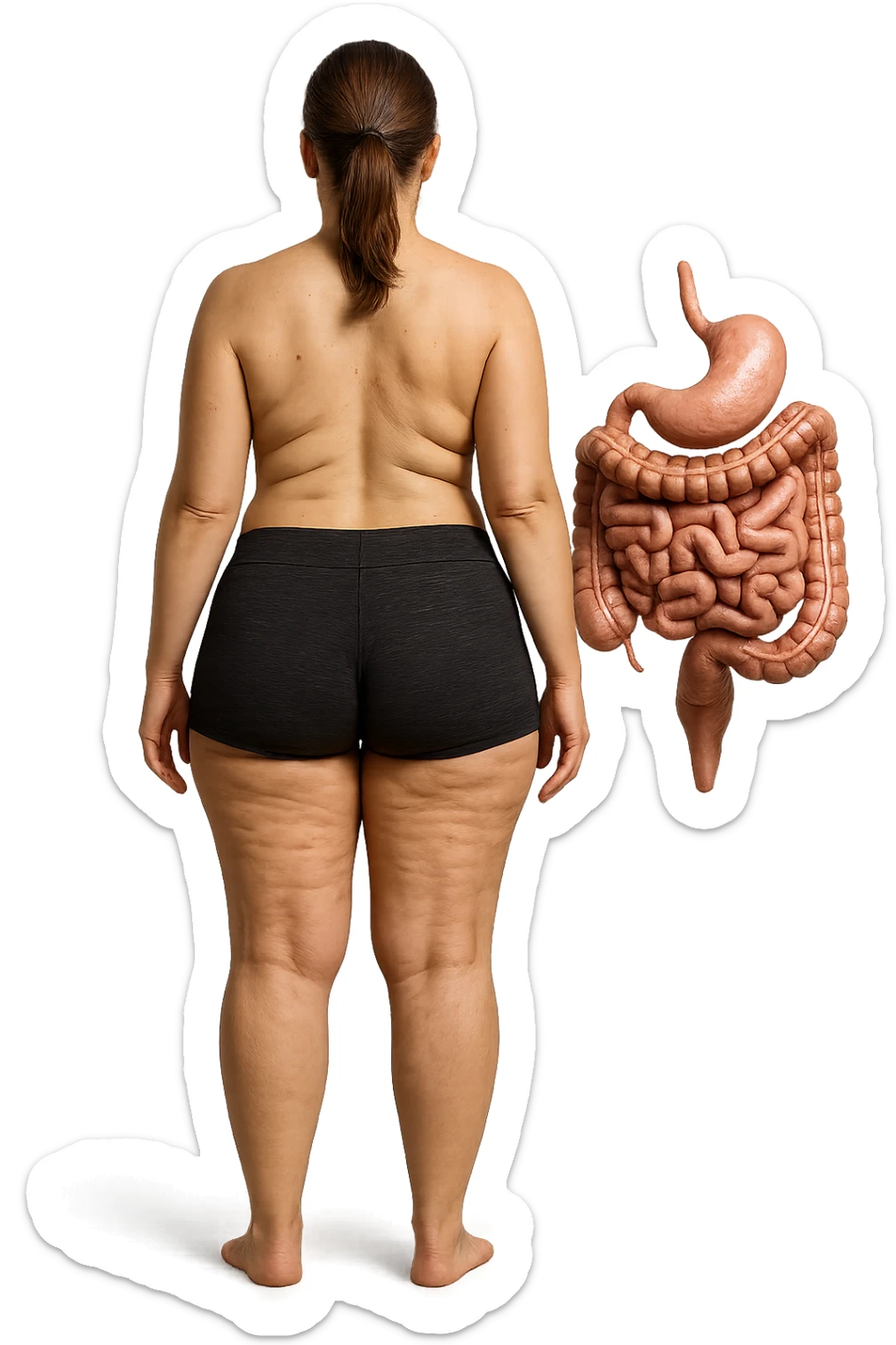 una donna di spalle a figura intera in gym shorts con cellulite e intestino umano anatomico, iperrealistica 4k
 sticker