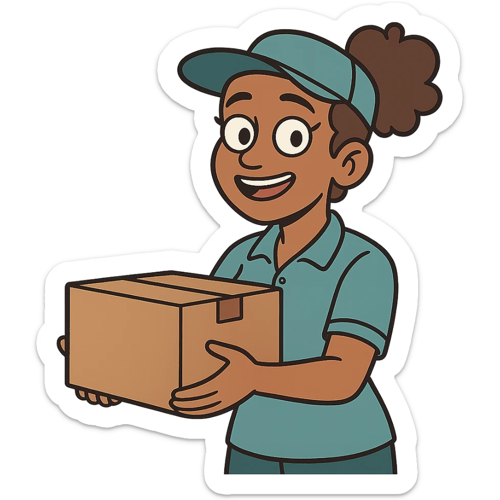 flat toon style mujer de piel morena entregando un paquete sticker