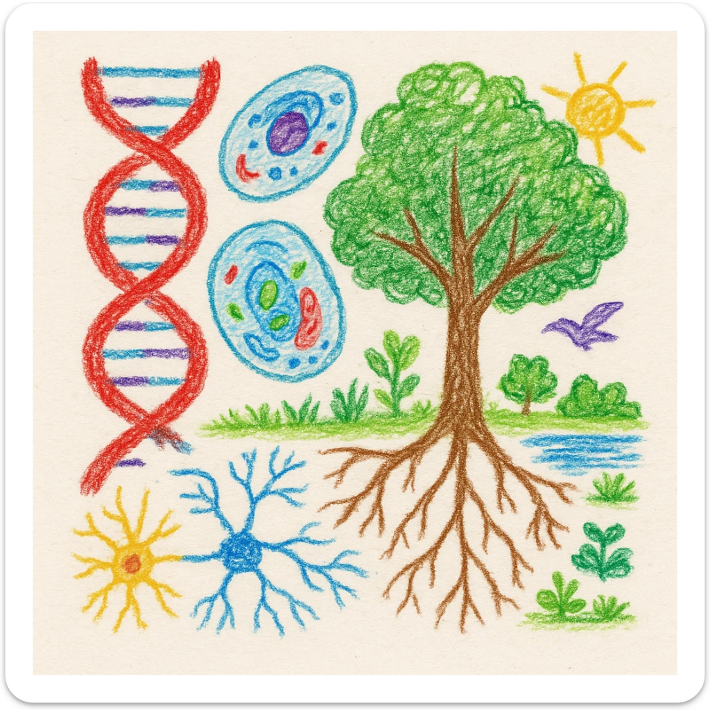 A realistic biological illustration (like in a school book) showing: DNA strands transitioning into a tree, cells with visible organelles, neurons connected to plant roots  and a balanced ecosystem background . Seamless integration, no labels or borders, white background, detailed but minimalist.  sticker