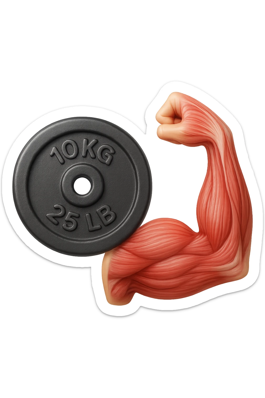 emoji stile iphone di un peso da palestra accanto ad emoji stile iphone di un muscolo umano anatomico, IPERREALISTICO 4K sticker