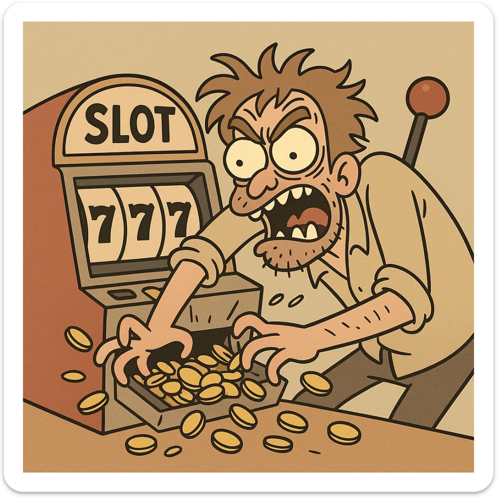 crazed man frantically scraping a casino slot machine, losing all his money, wild expression, coins spilling out, cartoon style sticker