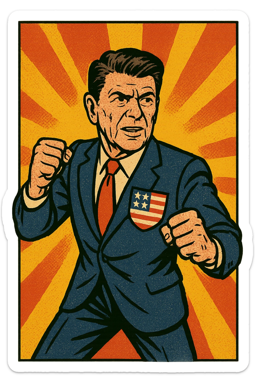 The full body of US President Reagan looking determined with his fists out ready to fight. He has a large US flag badge on his chest sticker