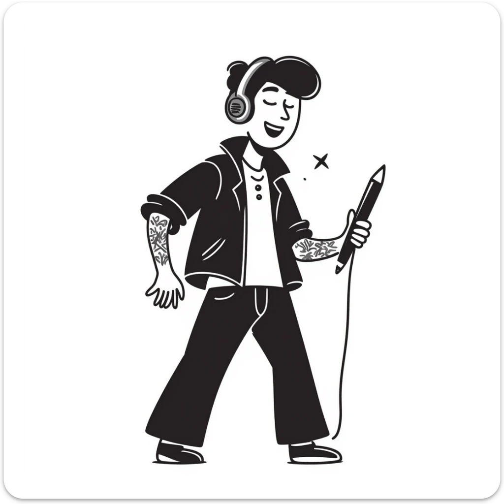 rock star with neat trimmed beard, tattooed arms, headphones resting on shoulders, happy expression, holding mic in one hand and pencil in other sticker