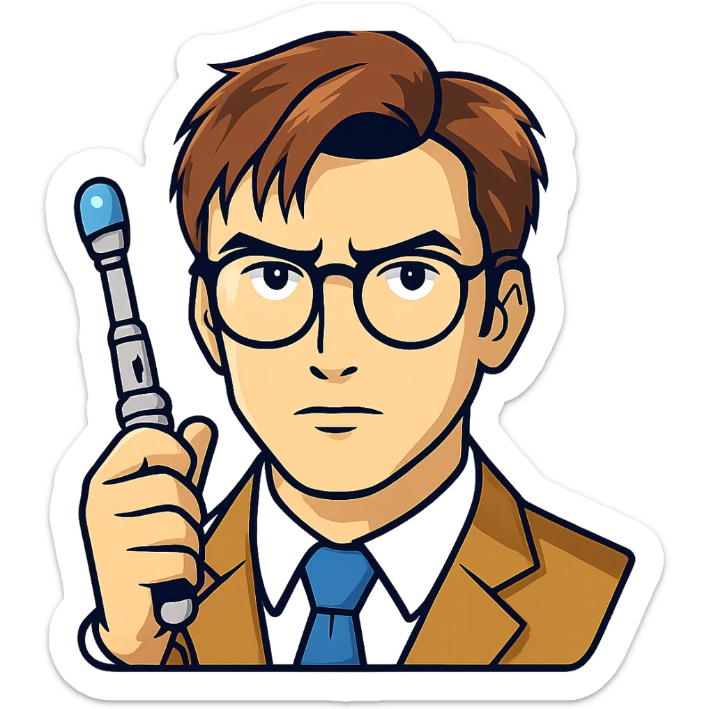 Add a sonic screwdriver to the Tenth Doctor in the style of a cartoonish sticker, keeping the original sticker style look and feel, with no background. sticker